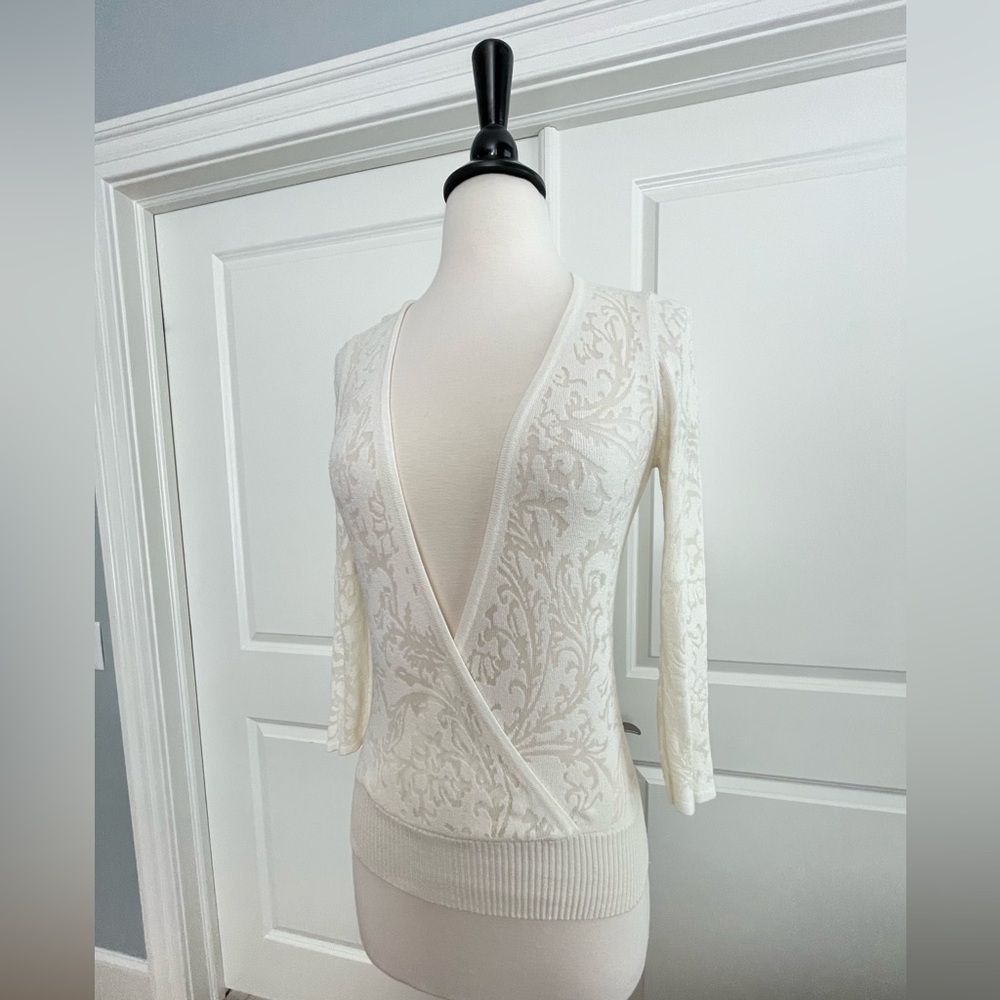 White House Black Market Sheer Surplice V Neck 3/4 Sleeve Sweater Top.